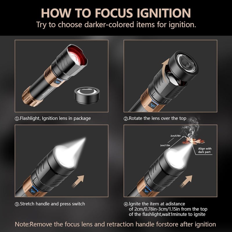 SkyFire مصابيح فلاش قابلة للشحن عالية اللمعان مع عدسة إشعال، 3000 لومن مصباح فلاش فائق السطوع، 7500 مللي أمبير، قابل للتكبير، مصباح تكتيكي مقاوم للماء لأساسيات التخييم في الهواء الطلق والهدايا - مُحسّن - Image 2